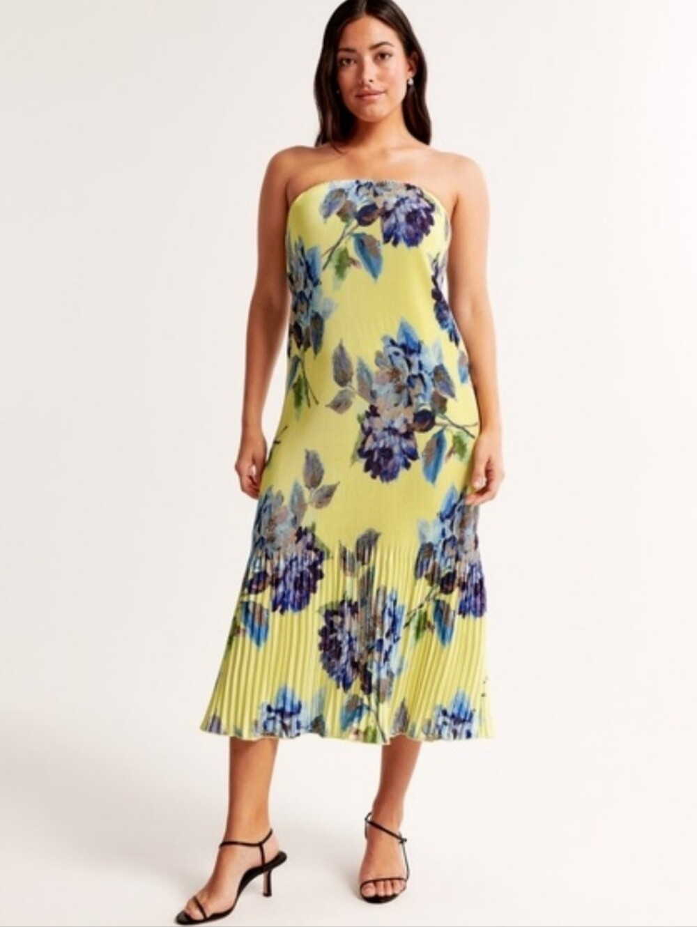 NWT Abercrombie And Fitch Strspless Pleated Midi Dress Yellow And Blue Floral